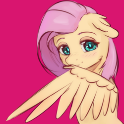 Size: 774x774 | Tagged: safe, artist:aterhut, fluttershy, pegasus, pony, g4, cheek fluff, cute, female, floppy ears, hiding behind wing, looking at you, mare, red background, shyabetes, simple background, smiling, smiling at you, solo, wings