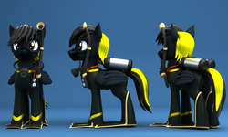 Size: 2500x1500 | Tagged: safe, artist:argos90, oc, oc only, oc:shadow whip, pegasus, pony, 3d, 3d model, air tank, butt, commission, dive mask, flippers (gear), goggles, male, pegasus oc, plot, reference sheet, scuba gear, solo, stallion, wetsuit, ych result