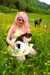 Size: 4000x6000 | Tagged: safe, artist:shadeila, artist:themoonraven, fluttershy, cat, horse, human, g4, absurd resolution, clothes, cosplay, costume, irl, irl horse, irl human, meadow, photo, solo