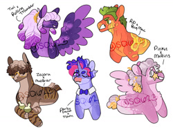 Size: 1280x964 | Tagged: safe, artist:sallyqwest623, oc, oc only, earth pony, hybrid, pegasus, pony, unicorn, zony, body freckles, bowtie, crack ship offspring, freckles, glasses, hair over eyes, magical gay spawn, magical lesbian spawn, offspring, one eye closed, parent:big macintosh, parent:derpy hooves, parent:flam, parent:mud briar, parent:party favor, parent:pinkie pie, parent:rainbow dash, parent:rolling thunder, parent:twilight sparkle, parent:zecora, parents:derpypie, parents:rainbowmac, potion, simple background, sunglasses, tongue out, watermark, white background, wink