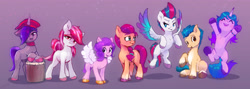 Size: 4779x1708 | Tagged: safe, artist:xbi, hitch trailblazer, izzy moonbow, onyx, pipp petals, sugar moonlight, sunny starscout, zipp storm, earth pony, pegasus, pony, unicorn, g5, beret, clothes, female, flying, gradient background, hat, male, mane five, mare, pipp is short, scarf, spread wings, stallion, wings