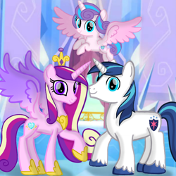 Size: 720x720 | Tagged: safe, artist:mlplary6, princess cadance, princess flurry heart, shining armor, alicorn, pony, unicorn, g4, family, female, filly, filly flurry heart, flying, foal, husband and wife, looking at you, male, mare, older, older flurry heart, smiling, stallion