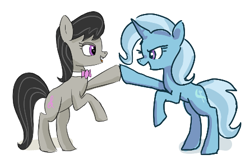 Size: 446x293 | Tagged: safe, artist:plunger, artist:toffosart, octavia melody, trixie, earth pony, pony, unicorn, g4, bipedal, duo, female, full body, high five, hoofbump, mare, necktie, open mouth, open smile, side view, simple background, smiling, standing, teeth, tongue out, white background