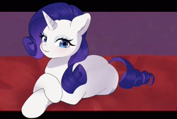 Size: 2039x1378 | Tagged: safe, artist:ayahana, rarity, pony, unicorn, g4, black background, butt, crossed hooves, female, horn, looking at you, lying down, mare, plot, prone, rearity, simple background, solo