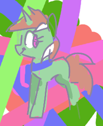 Size: 216x263 | Tagged: safe, artist:plunger, minty bubblegum, pony, unicorn, g4, abstract background, colorful, female, horn, looking back, mare, missing cutie mark, smiling, solo, standing