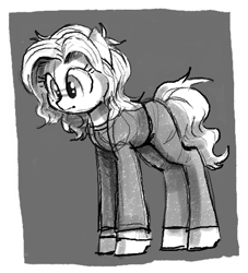 Size: 441x485 | Tagged: safe, artist:plunger, oc, oc only, earth pony, pony, clothes, earth pony oc, female, grayscale, looking at something, mare, monochrome, simple background, solo, standing