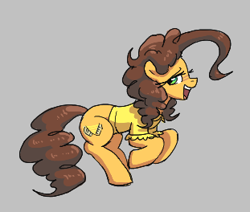 Size: 311x264 | Tagged: safe, artist:plunger, cheese sandwich, earth pony, pony, g4, aggie.io, clothes, female, gray background, grilled cheese (r63), looking back, lowres, mare, open mouth, raised hoof, rule 63, shirt, side view, simple background, smiling, solo
