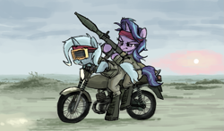 Size: 1087x639 | Tagged: safe, artist:plunger, starlight glimmer, trixie, pony, unicorn, g4, bandana, boots, clothes, duo, eyebrows, female, goggles, grin, hoof hold, horn, mare, messy mane, motorcycle, rocket launcher, rpg-7, shoes, sitting, smiling, sun, teeth, vehicle, weapon