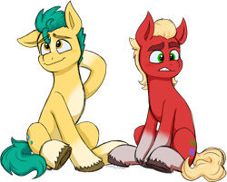 Size: 1338x1075 | Tagged: safe, artist:storfulsten, hitch trailblazer, sprout cloverleaf, earth pony, pony, g5, blushing, cute, duo, gay, hitchsprout, male, one ear down, shipping, simple background, stallion, transparent background