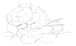 Size: 430x261 | Tagged: safe, artist:plunger, oc, oc only, oc:filly anon, oc:silverfoot, bat pony, earth pony, pony, bat ponified, bat pony oc, bat wings, cuddling, ear fluff, earth pony oc, eyes closed, female, filly, foal, grayscale, kissing, mare, monochrome, race swap, shipping, simple background, sketch, smiling, white background, wings