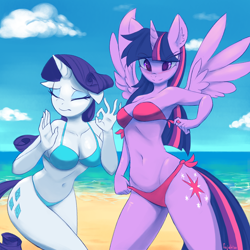 Size: 1512x1512 | Tagged: safe, artist:fajeh, rarity, twilight sparkle, alicorn, unicorn, anthro, bandeau, beach, belly button, bikini, blushing, breasts, busty rarity, busty twilight sparkle, clothes, cloud, duo, duo female, ear fluff, eye clipping through hair, eyebrows, eyebrows visible through hair, eyes closed, eyeshadow, female, floppy ears, horn, makeup, meme, ocean, reasonably sized breasts, side-tie bikini, signature, smiling, spread wings, swimsuit, tail, twilight sparkle (alicorn), water, when x just right, wings