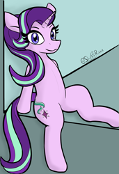 Size: 1373x2012 | Tagged: safe, artist:sharkrikka, starlight glimmer, pony, unicorn, g4, female, horn, looking at you, mare, sitting, solo