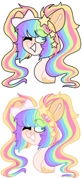 Size: 1280x2767 | Tagged: safe, artist:moonert, oc, oc only, pegasus, pony, bust, duo, eye clipping through hair, grin, multicolored hair, pegasus oc, rainbow hair, simple background, smiling, transparent background