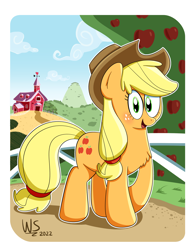 Size: 2550x3300 | Tagged: safe, artist:wilsonswondertoons, applejack, earth pony, pony, g4, chest fluff, female, high res, looking at you, mare, smiling, smiling at you, solo, sweet apple acres