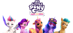 Size: 1279x571 | Tagged: safe, hitch trailblazer, izzy moonbow, pipp petals, sunny starscout, zipp storm, alicorn, earth pony, pegasus, pony, unicorn, g5, my little pony: make your mark, baseball cap, cap, female, hat, male, mane five, mare, my little pony logo, race swap, shutter shades, simple background, stallion, sunglasses, sunnycorn, white background