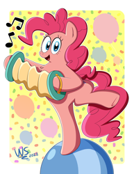 Size: 2550x3300 | Tagged: safe, artist:wilsonswondertoons, pinkie pie, earth pony, pony, accordion, balloon, bipedal, confetti, female, looking at you, mare, music notes, musical instrument, open mouth, open smile, smiling, smiling at you, solo, standing, standing on one leg