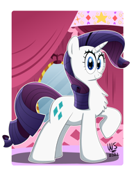 Size: 2550x3300 | Tagged: safe, artist:wilsonswondertoons, rarity, pony, unicorn, g4, carousel boutique, chest fluff, female, high res, looking at you, mare, raised hoof, smiling, smiling at you, solo