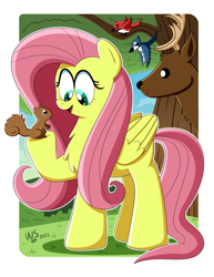 Size: 2550x3300 | Tagged: safe, artist:wilsonswondertoons, fluttershy, bird, blue jay, deer, pegasus, pony, squirrel, g4, chest fluff, female, high res, looking at something, mare, solo, tree