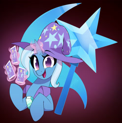 Size: 3500x3526 | Tagged: safe, artist:light262, trixie, pony, unicorn, g4, brooch, cape, card, clothes, cute, diatrixes, female, glowing, glowing horn, hat, high res, hooves, horn, jewelry, looking at you, magic, magic aura, mare, open mouth, open smile, playing card, smiling, solo, telekinesis, trixie's brooch, trixie's cape, trixie's hat