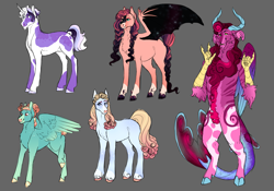 Size: 2851x2000 | Tagged: safe, artist:felinenostalgic, oc, oc only, oc:blue pearmain, oc:midnight shower, oc:polar north, oc:riptide reef, oc:whirligig, bat pony, draconequus, earth pony, pegasus, pony, unicorn, bat pony oc, draconequus oc, female, gray background, high res, interspecies offspring, magical lesbian spawn, male, mare, offspring, parent:applejack, parent:cheese sandwich, parent:discord, parent:double diamond, parent:fluttershy, parent:king sombra, parent:pinkie pie, parent:rainbow dash, parent:rarity, parent:twilight sparkle, parents:cheesedash, parents:diamondlight, parents:discopie, parents:rarijack, parents:sombrashy, simple background, stallion