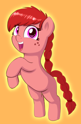Size: 1744x2644 | Tagged: safe, artist:heretichesh, oc, oc only, oc:lilly pad, earth pony, pony, braid, braided ponytail, braided tail, female, filly, foal, freckles, happy, looking at you, open mouth, open smile, ponytail, rearing, smiling, solo, tail
