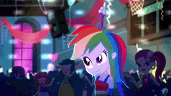 Size: 1280x720 | Tagged: safe, edit, edited screencap, screencap, sound edit, apple bloom, applejack, aqua blossom, dj pon-3, rainbow dash, rose heart, scootaloo, scribble dee, sophisticata, sweet leaf, vinyl scratch, human, pony, equestria girls, g4, my little pony equestria girls: summertime shorts, raise this roof, animated, apple, armpits, arms in the air, breakdancing, dance floor, dancer, fall formal outfits, food, hands in the air, sound, webm