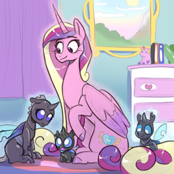 Size: 768x768 | Tagged: safe, artist:smirk, princess cadance, oc, unnamed oc, changeling, nymph, pony, g4, babysitting, book, changeling oc, colored sketch, cute, doll, dresser, foal, missing accessory, pacifier, toy