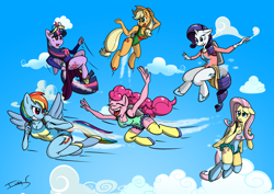 Size: 3508x2481 | Tagged: safe, artist:memprices, applejack, fluttershy, pinkie pie, rainbow dash, rarity, twilight sparkle, alicorn, anthro, unguligrade anthro, g4, clothes, cloud, commission, crown, flying, frown, high res, jetpack, jewelry, leotard, looking at each other, looking at someone, mane six, open mouth, open smile, regalia, shoes, signature, sky background, smiling, socks, twilight sparkle (alicorn)