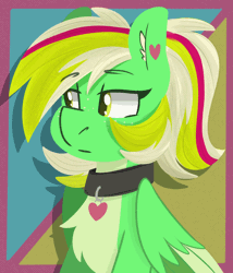 Size: 1200x1400 | Tagged: safe, artist:modularpon, oc, oc only, oc:gumdrops, pegasus, pony, animated, chest fluff, collar, colored ear fluff, colored wings, ear fluff, ear piercing, earring, female, folded wings, freckles, green coat, green eyes, half body, heart, heart collar, heart earring, jewelry, looking at you, mare, multicolored wings, open mouth, open smile, pale belly, pegasus oc, piercing, smiling, smiling at you, solo, wings