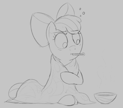 Size: 1503x1317 | Tagged: safe, artist:dtcx97, apple bloom, earth pony, pony, backwards thermometer, blanket, female, filly, foal, food, sick, sketch, solo, soup, thermometer