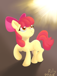 Size: 1080x1440 | Tagged: safe, artist:rily, apple bloom, earth pony, pony, g4, female, filly, foal, raised hoof, smiling, solo, sun