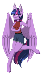 Size: 1905x3500 | Tagged: safe, artist:melodytheartpony, twilight sparkle, alicorn, anthro, g4, belt, blushing, clothes, cute, dancing, doodle, female, fluffy, happy, looking at you, peace sign, shirt, shorts, signature, simple background, smiling, smiling at you, solo, twilight sparkle (alicorn), white background