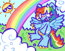 Size: 1006x798 | Tagged: safe, artist:toaestt, rainbow dash, pegasus, pony, g4, blushing, cloud, fangs, female, grass, happy, open mouth, rainbow, shiny hooves, smiling, solo, spread wings, sun, wings