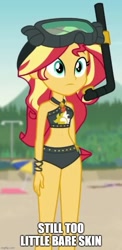 Size: 500x1028 | Tagged: safe, edit, edited screencap, screencap, sunset shimmer, human, equestria girls, g4, my little pony equestria girls: better together, unsolved selfie mysteries, beach, belly button, bikini, clothes, cropped, dive mask, geode of empathy, goggles, magical geodes, snorkel, solo, sunset shimmer swimsuit, sunset shimmer's beach shorts swimsuit, swimsuit, text