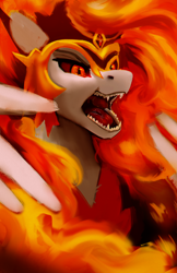 Size: 1500x2312 | Tagged: safe, artist:hierozaki, daybreaker, alicorn, pony, g4, female, mane of fire, mare, open mouth, sharp teeth, solo, teeth