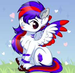 Size: 3772x3640 | Tagged: safe, artist:derik, oc, oc only, oc:chiseled amethyst, pegasus, pony, :p, chest fluff, commission, cute, diamond, ear piercing, earring, grass, grass field, heart, high res, jewelry, male, piercing, sitting, solo, spread wings, stallion, tongue out, wings, ych result