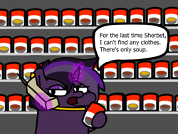 Size: 1024x768 | Tagged: safe, artist:fluttershank, oc, oc:purple haze, pony, unicorn, angry, cellphone, ear piercing, earring, food, grocery store, holding, hoof hold, i'm at soup, jewelry, magic, meme, necklace, phone, piercing, soup, speech bubble, squatpony, telekinesis, text