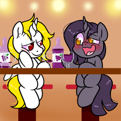 Size: 1000x1000 | Tagged: safe, artist:paperbagpony, oc, oc only, alcohol, blushing, bottle, drunk, glass, go home you're drunk, sitting, wine, wine bottle, wine glass