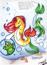 Size: 432x594 | Tagged: safe, artist:colormist, oc, oc only, merpony, sea pony, seapony (g4), bubble, cute, dorsal fin, eyes closed, fish tail, flowing tail, green mane, ocean, red eyes, red mane, seaweed, signature, smiling, sunlight, swimming, tail, text, traditional art, underwater, water