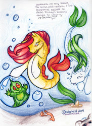 Size: 432x594 | Tagged: safe, artist:colormist, oc, oc only, bushwoolie, lobster, merpony, sea pony, seapony (g4), 2004, bubble, colored pencil drawing, copyright, cute, dorsal fin, eyes closed, female, fish tail, flowing tail, green mane, mare, ocean, red eyes, red mane, seaweed, signature, smiling, sunlight, swimming, tail, text, traditional art, underwater, water