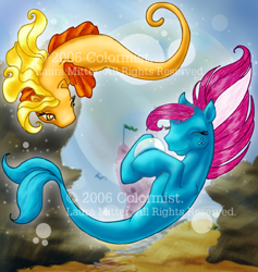 Size: 438x463 | Tagged: safe, artist:colormist, oc, oc only, merpony, sea pony, seapony (g4), 2006, bubble, colored, cute, eyes closed, fins, fish tail, flowing mane, flowing tail, freckles, looking at each other, looking at someone, obtrusive watermark, ocean, pink mane, signature, smiling, swimming, tail, traditional art, underwater, water, watermark, yellow mane