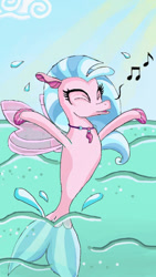 Size: 400x710 | Tagged: safe, artist:lucysketches, silverstream, seapony (g4), g4, blue mane, bubble, chibi, cloud, cute, eyes closed, female, fin wings, fins, fish tail, flowing mane, flowing tail, happy, jewelry, music notes, necklace, ocean, seapony silverstream, singing, sky, smiling, solo, sunlight, tail, underwater, water, wings