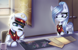 Size: 3040x1960 | Tagged: safe, artist:opal_radiance, oc, oc only, oc:kertz schmane, oc:opal rosamond, earth pony, pegasus, pony, equestria at war mod, banner, chair, clothes, conference room, duo, duo male and female, earth pony oc, eyebrows, facial hair, female, frown, high res, hoof on chin, male, map, mare, military uniform, moustache, pax solaris, pegasus oc, solar empire, stallion, uniform