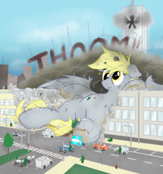 Size: 1338x1422 | Tagged: safe, artist:qkersnll, derpy hooves, pegasus, pony, g4, building, circling stars, city, crushing, destruction, dizzy, female, giant pony, giantess, macro, scrunchy face