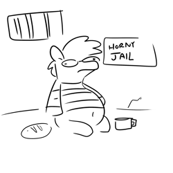 Size: 2250x2250 | Tagged: safe, artist:tjpones, oc, oc:tjpones, earth pony, pony, belly button, black and white, bread, food, frown, glasses, grayscale, high res, horny jail, jail, male, monochrome, mug, solo, stallion