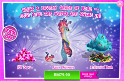 Size: 1034x680 | Tagged: safe, gameloft, idw, pellagica, merpony, g4, advertisement, azure mermare, costs real money, gem, idw showified, introduction card, sale