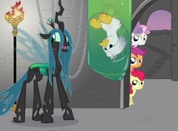 Size: 1600x1176 | Tagged: safe, apple bloom, queen chrysalis, scootaloo, sweetie belle, oc, oc:silver quill, bird, changeling, changeling queen, earth pony, hippogriff, pegasus, pony, unicorn, g4, the return of queen chrysalis, bow, candle, castle, chains, cocoon, confused, cutie mark crusaders, fangs, female, filly, fire, foal, hair bow, hole, horn, male, mare, spread wings, stairs, wings
