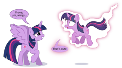 Size: 1600x894 | Tagged: artist needed, safe, twilight sparkle, alicorn, pony, unicorn, g4, dialogue, female, glowing, glowing eyes, horn, levitation, magic, mare, self paradox, self ponidox, shadow, simple background, smiling, speech bubble, spread wings, telekinesis, text, transparent background, twilight sparkle (alicorn), twolight, unicorn twilight, wings