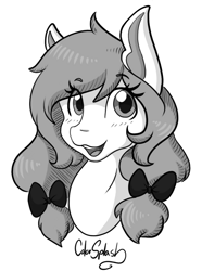 Size: 769x1034 | Tagged: safe, artist:mscolorsplash, oc, oc only, oc:color splash, pegasus, pony, black and white, bust, female, grayscale, mare, monochrome, open mouth, open smile, simple background, smiling, solo, white background