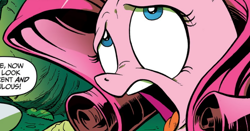 Size: 790x414 | Tagged: safe, artist:andypriceart, edit, idw, pinkie pie, earth pony, pony, g4, the return of queen chrysalis, spoiler:comic01, alternate hairstyle, cropped, dialogue, female, implied rarity, mane swap, mare, pinkie pie is best facemaker, rarity hair, speech bubble, text